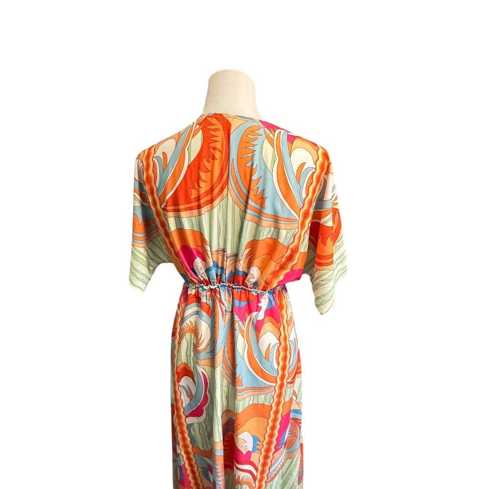 SHEIN Women's S Green Orange Abstract Print Kimono Sleeve Drawstring Maxi Dress - Picture 5 of 16
